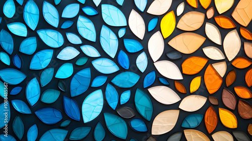 Vibrant leaf patterns in blue and orange abstract art indoor display contemporary design artistic perspective