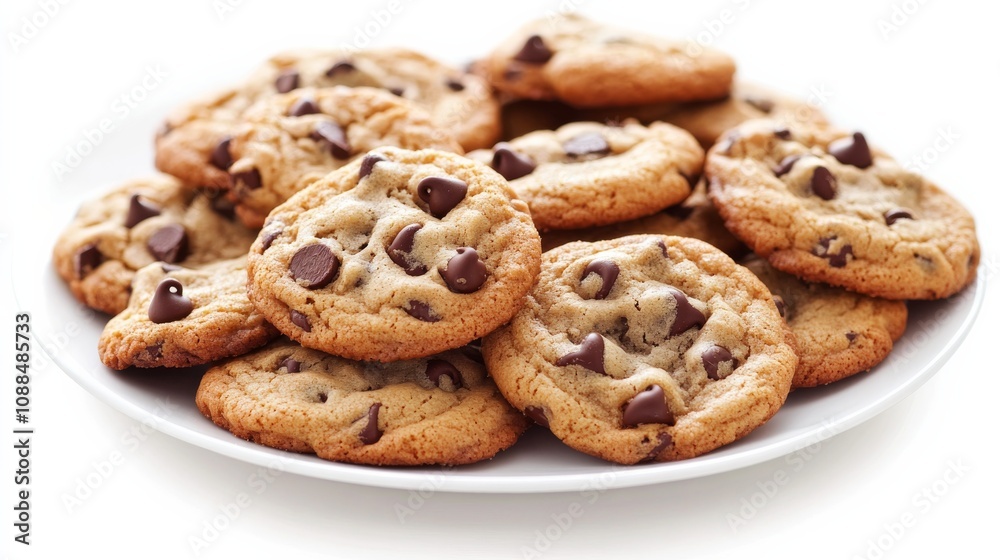 A plate of freshly baked chocolate chip cookies, Their golden-brown edges and gooey chocolate chips enticingly displayed