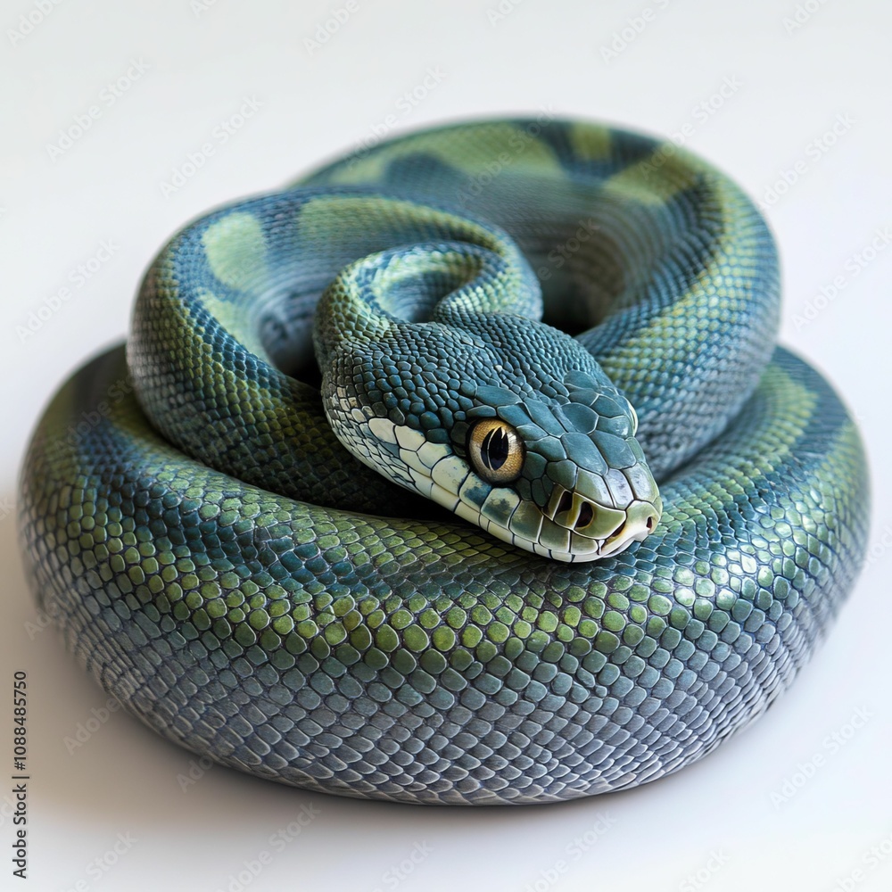 Obraz premium Green snake curled on white background.