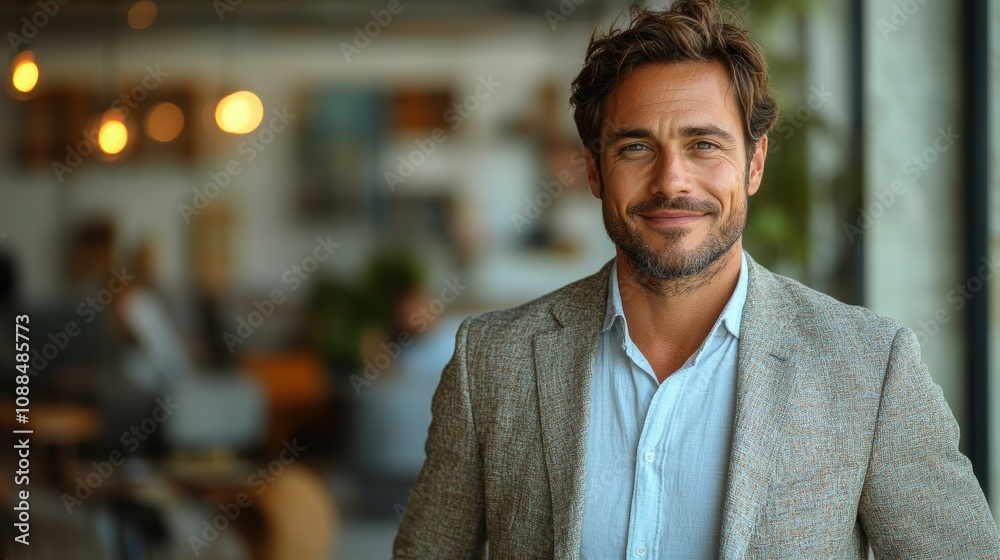 Obraz premium Portrait of a happy entrepreneur with hands in pockets, standing against a white background.