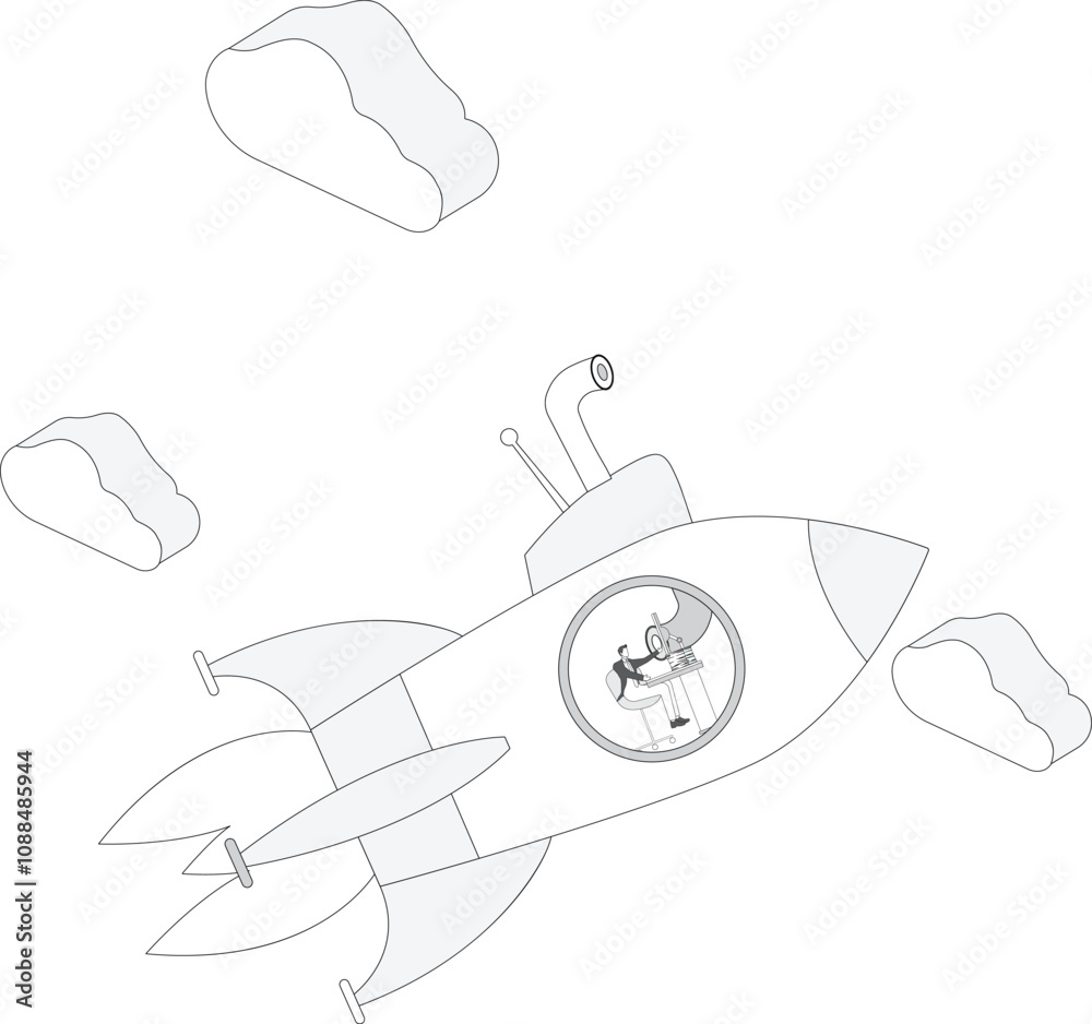 Businessman using computer, being peeked by periscope from cloud Businessman using computer, being peeked by periscope from cloud