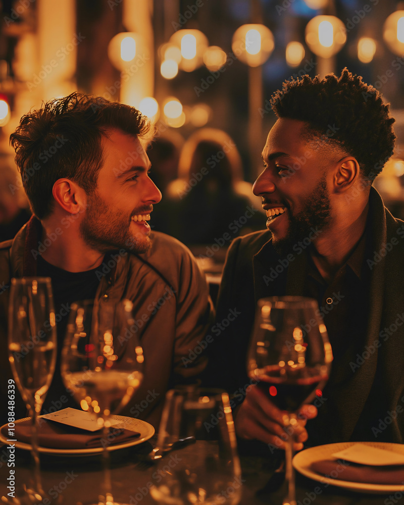 Two men share a joyful evening over dinner in a cozy restaurant, surrounded by warm ambient lighting and soft laughter, creating a beautiful atmosphere of connection Two men share a joyful evening over dinner in a cozy restaurant, surrounded by warm ambient lighting and soft laughter, creating a beautiful atmosphere of connection