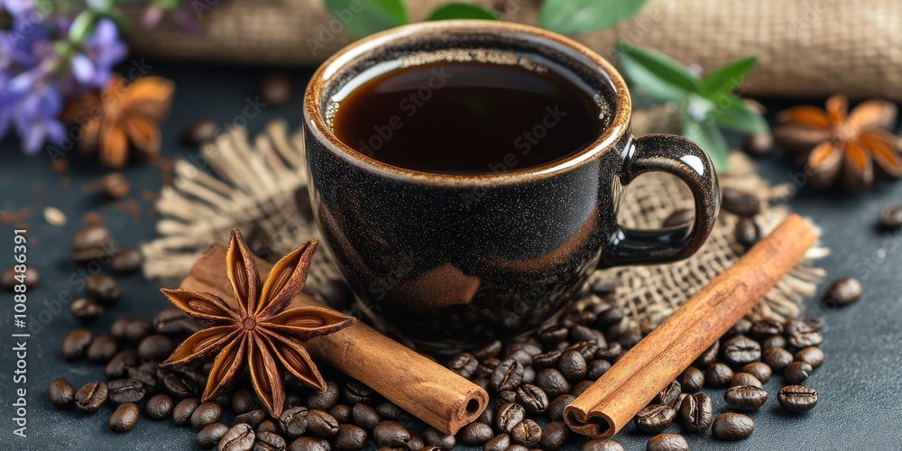 Fototapeta premium A cup of black coffee garnished with cinnamon bark and anise star sits elegantly among coffee grains and chicory flowers, highlighting the rich aroma of this black coffee experience.