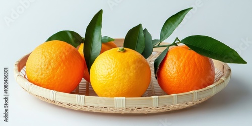 Fresh ripe citrus unshiu, satsuma, and TV orange displayed on a bamboo sieve against a white background, highlighting the vibrant colors and textures of ripe citrus fruits. photo