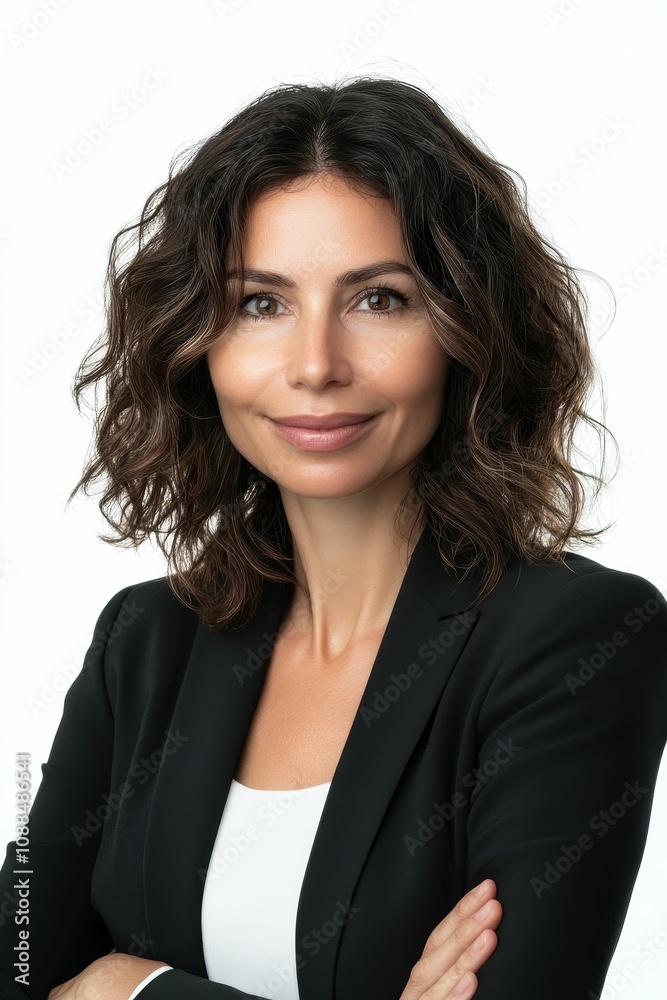 Woman with curly hair in a black suit. Woman with curly hair in a black suit.