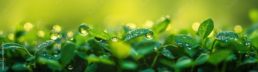 A close-up image of lush green leaves adorned with fresh droplets of water, symbolizing nature's beauty and vitality.