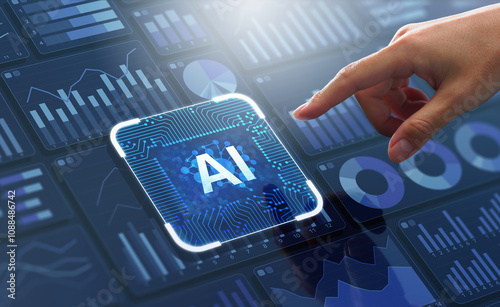 AI generative artificial intelligence and data analysis. Analyzing business financial data or marketing statistic. AI generate analytics results with many graphs on dashboard. Analyst touching button.