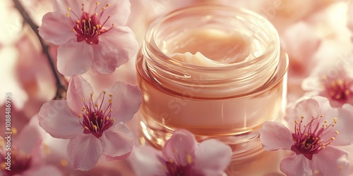 A close up of face cream in a glass jar, elegantly displayed with cherry flowers. This face cream jar highlights the beauty of skincare, making it an appealing choice for beauty enthusiasts.