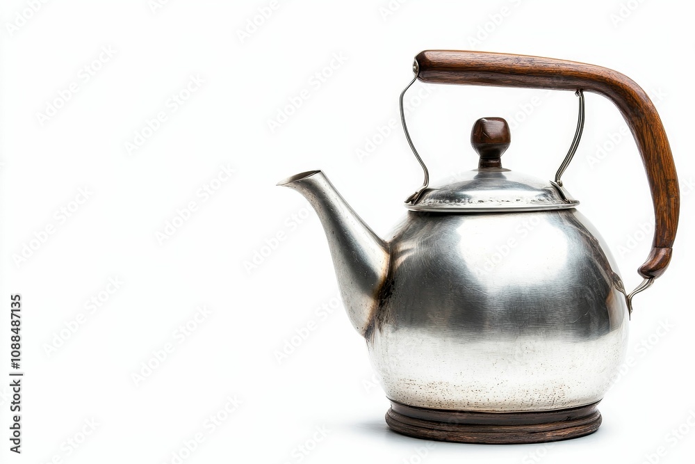 Silver teapot with wooden handle on white background. Silver teapot with wooden handle on white background.