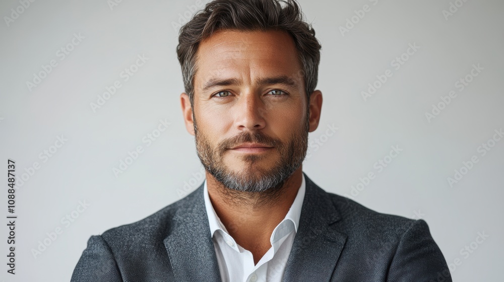 Confident businessman in a gray suit, isolated against a white background.