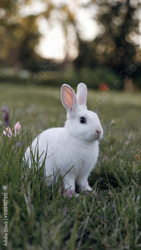 White rabbit is standing in a field of grass photo