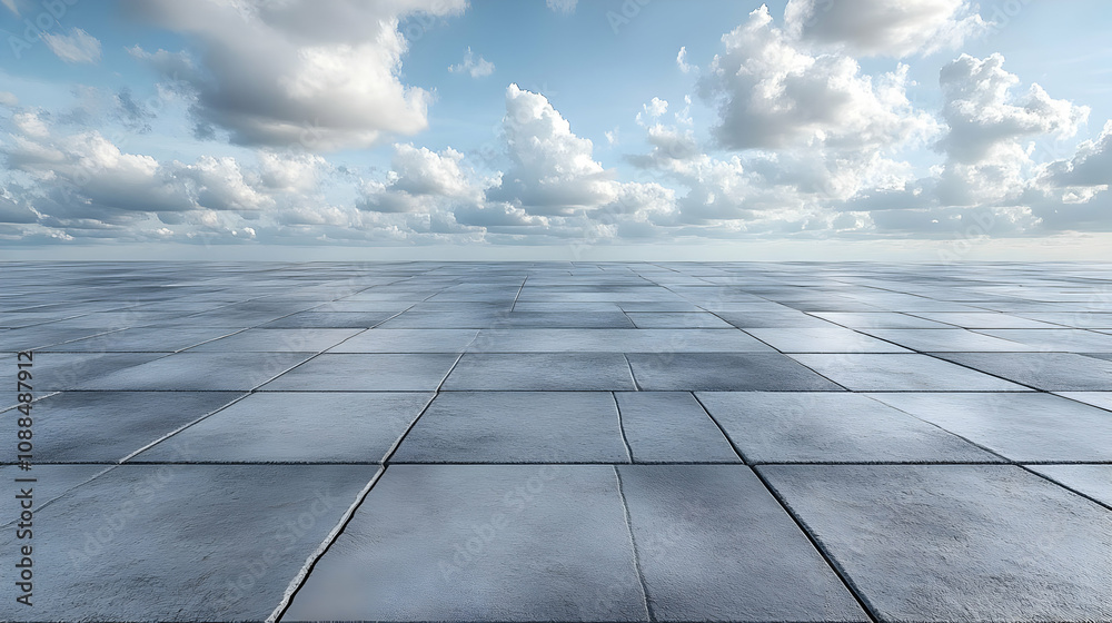 3D Rendering of a Tile Floor with a Cloudy Sky 3D Rendering of a Tile Floor with a Cloudy Sky