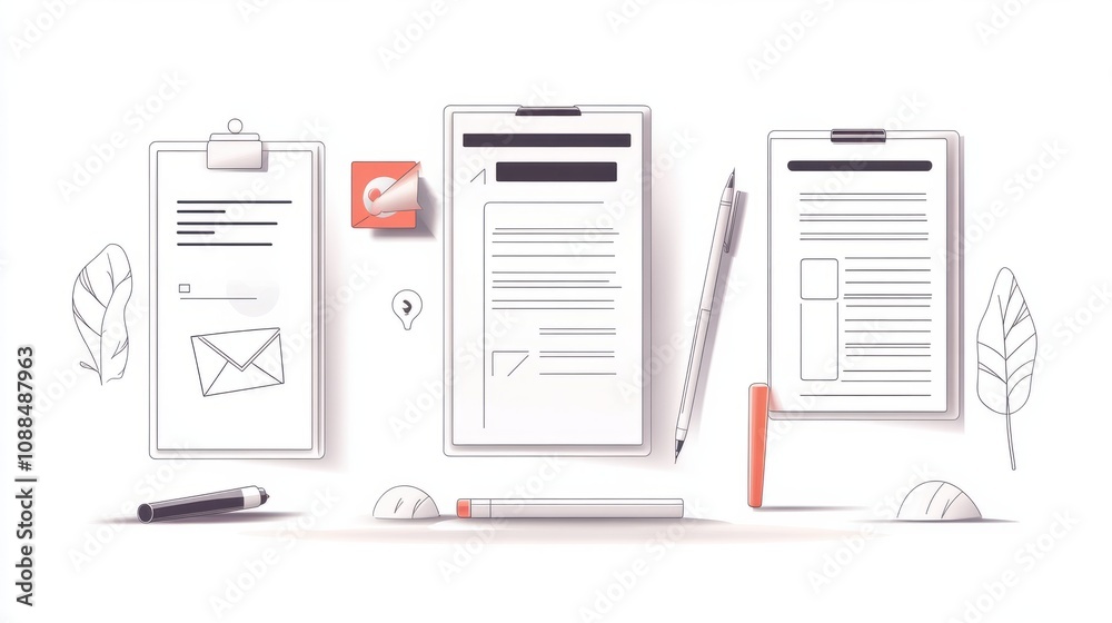 Set of linear vector concept illustrations. Filling out online form and survey, registering goods, filing taxes, submitting resume, searching for information on the Internet, creating a budget report