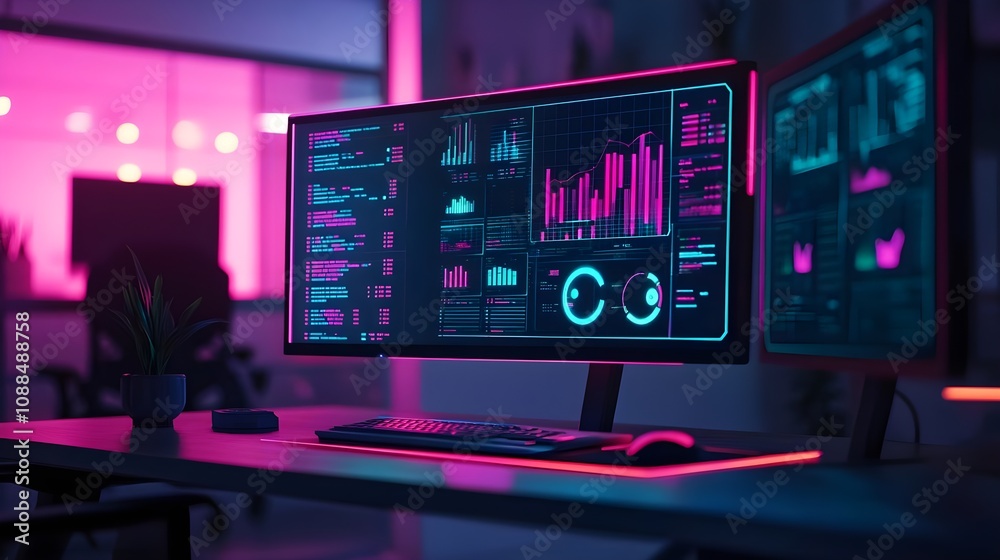 Obraz premium Neon Tech Data Analysis Workspace