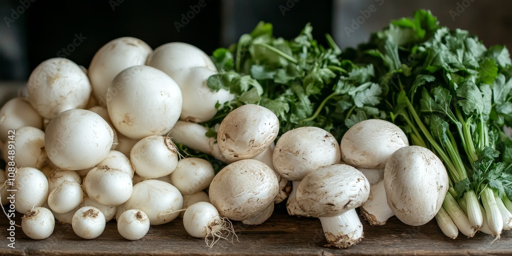 Fresh white vegetables and fruits displayed on a wooden surface, featuring champignons and radish among other white produce, showcase the beauty of white vegetables in a rustic setting. Fresh white vegetables and fruits displayed on a wooden surface, featuring champignons and radish among other white produce, showcase the beauty of white vegetables in a rustic setting.