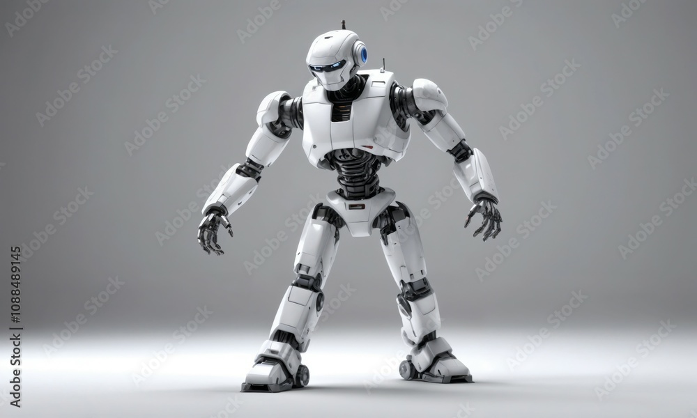 White humanoid robot in a neutral stance, showcasing sleek futuristic design and mechanical precision, ideal for robotics, AI, and technology innovation themes