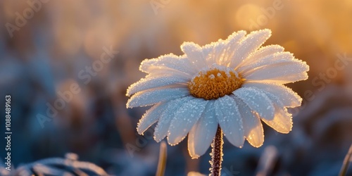 Frost coated daisy captured in the early morning light, showcasing the delicate beauty of nature s frost on a daisy during a crisp morning. The frost enhances the daisy s charm beautifully. photo