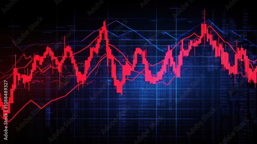 Naklejka premium Abstract Financial Chart with Red and Blue Lines Showcasing Market Trends and Data Movements on a Dark Background for Business and Finance Concepts