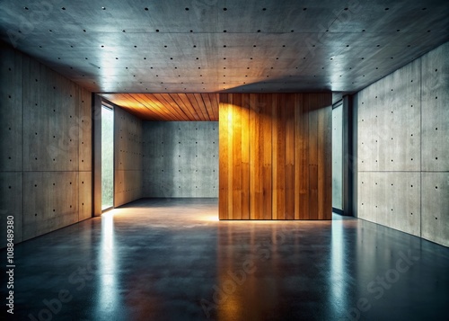 Empty Dark Abstract Concrete and Wood Interior - Architectural 3D Rendering