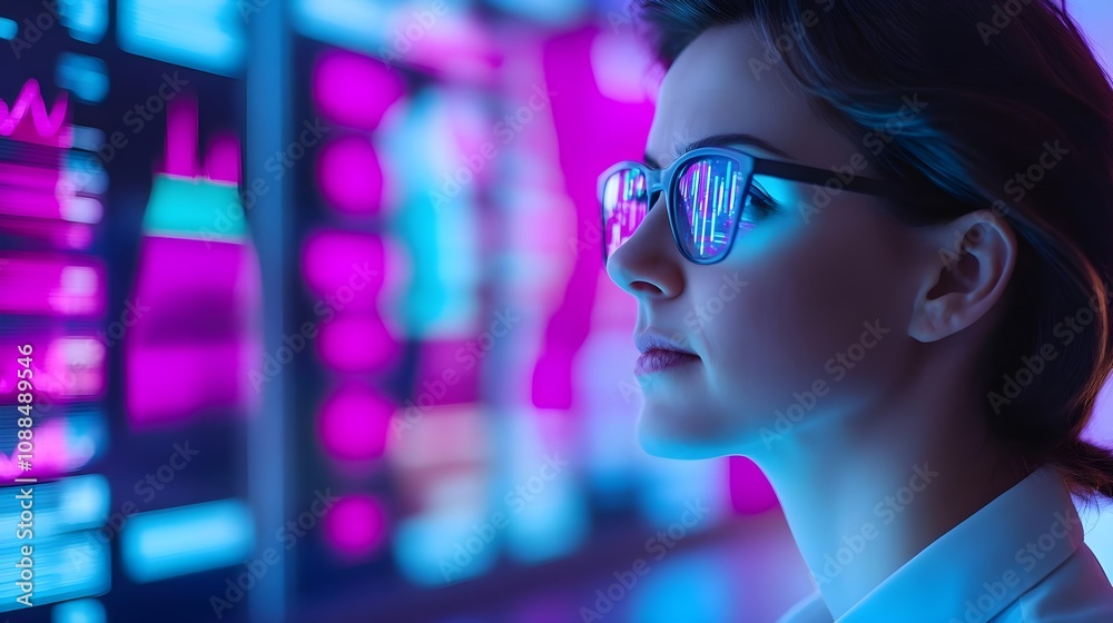 Woman Analyzing Data Neon Lights Woman Analyzing Data Neon Lights