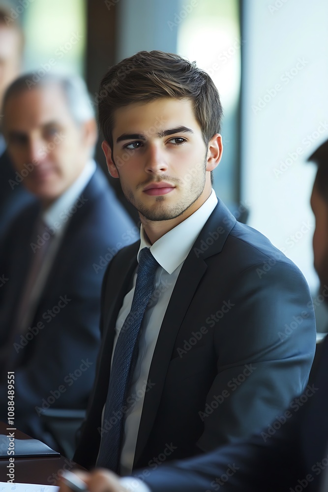 Young Businessman Attentive in a Meeting Setting Young Businessman Attentive in a Meeting Setting