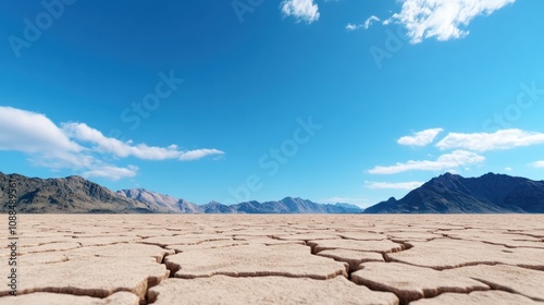 A vast, cracked earth landscape under a clear blue sky.