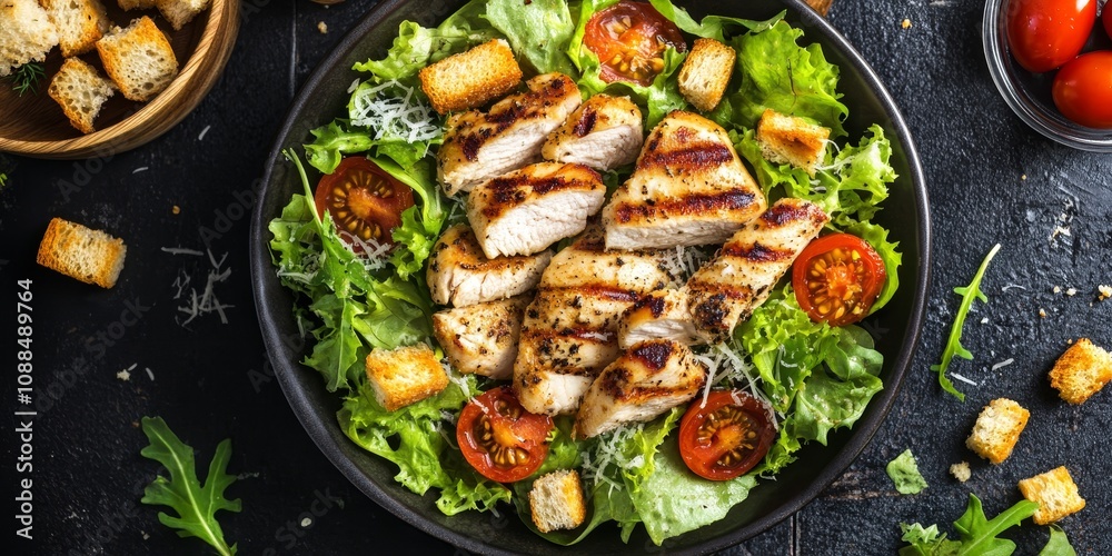 Grilled chicken Caesar salad featuring succulent grilled chicken, crispy croutons, and a fresh green salad. Enjoy a delicious chicken Caesar salad with parmesan and tomatoes from a top view. Grilled chicken Caesar salad featuring succulent grilled chicken, crispy croutons, and a fresh green salad. Enjoy a delicious chicken Caesar salad with parmesan and tomatoes from a top view.