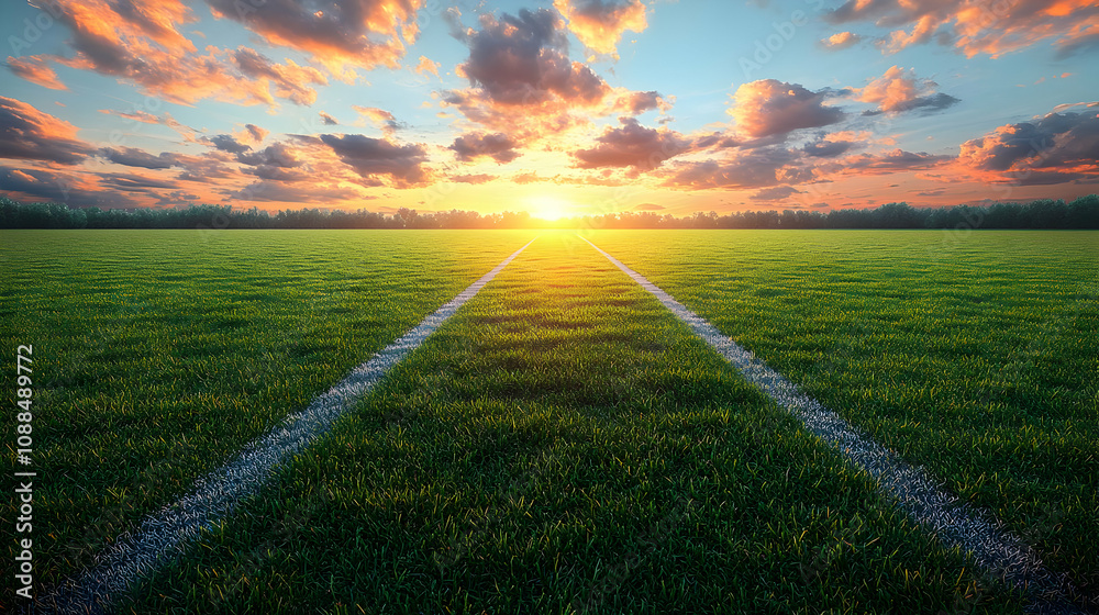 Obraz premium Sunset Over Green Field with White Lines - Realistic Image