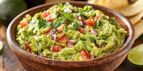 Savory bowl of traditional guacamole featuring fresh ingredients like avocado, onion, tomatoes, and lime. This guacamole is a delightful, raw, vegetarian dish perfect for any occasion.