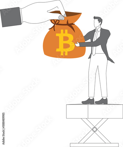 Giant hand giving the small businessman a big money bag with Bitcoin Cryptocurrency Sign