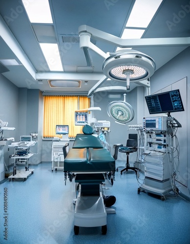Sophisticated surgical suite emphasizing technological advancements, cleanliness, and a modern hospital design