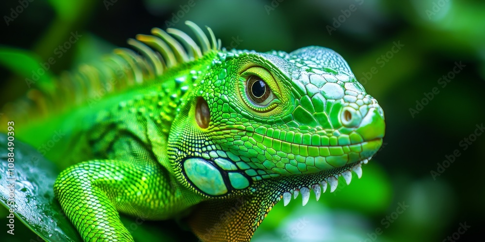 Close up image showcasing a vibrant green iguana, highlighting the unique features and textures of this fascinating reptile native to Central America, emphasizing its stunning green coloration. Close up image showcasing a vibrant green iguana, highlighting the unique features and textures of this fascinating reptile native to Central America, emphasizing its stunning green coloration.