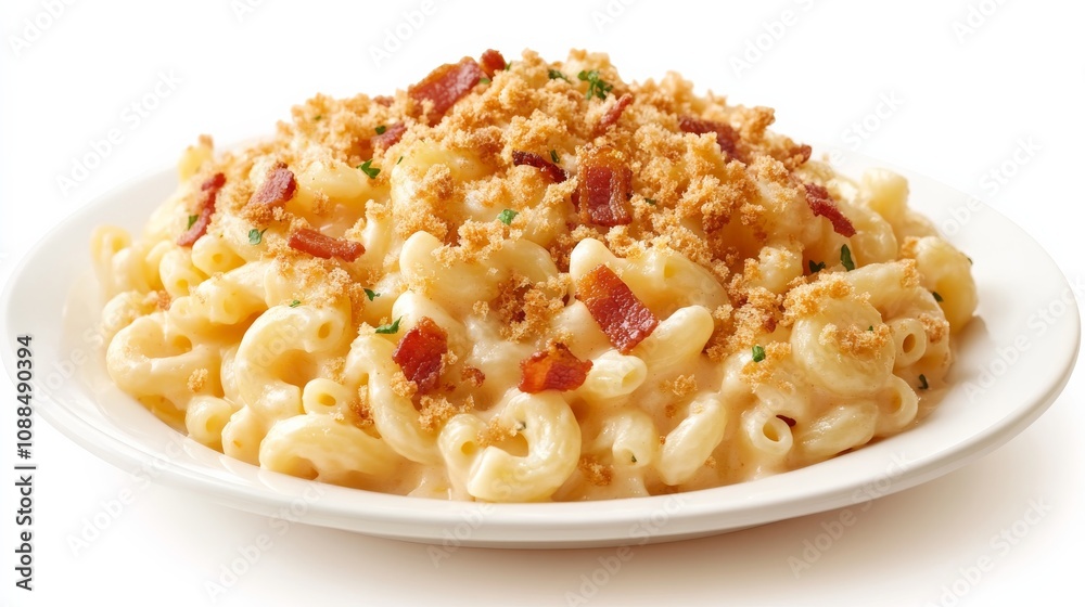 A plate of gourmet macaroni and cheese with crispy bacon bits and breadcrumbs, Each bite creamy and indulgent, Set against an isolated white background to highlight its comfort food appeal A plate of gourmet macaroni and cheese with crispy bacon bits and breadcrumbs, Each bite creamy and indulgent, Set against an isolated white background to highlight its comfort food appeal