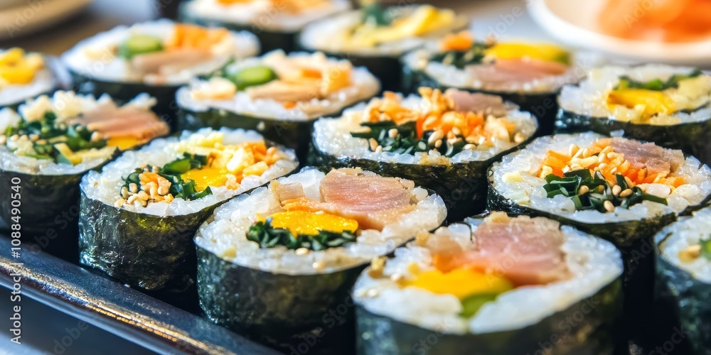 Kimbap is a delightful Korean seaweed rice roll filled with a variety of tasty ingredients including egg, carrot, ham, tuna, shrimp, cheese, gochujang sauce, and pickled radish, enjoyed with kimchi.