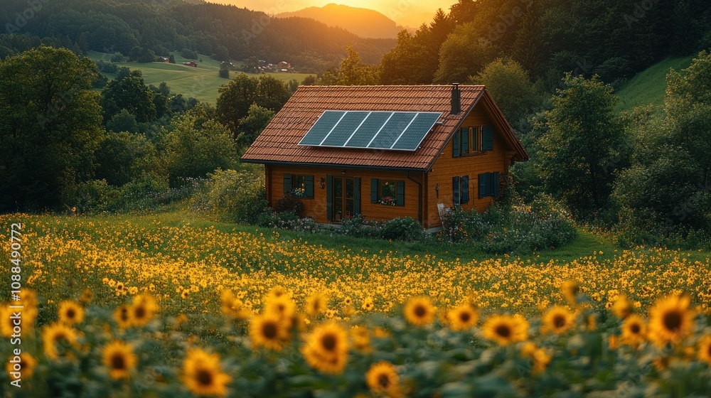 Fototapeta premium Cabin in a Sunflower Field with Solar Panels