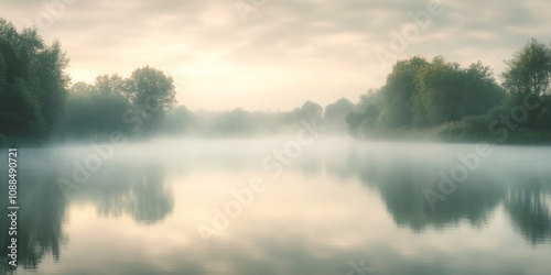 Misty fog blankets a tranquil lake in the early morning, creating a serene atmosphere over the water and surrounding landscapes, beautifully highlighting the essence of fog at the lake.