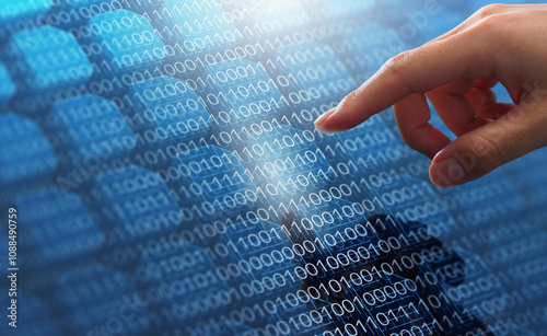 Binary data processing for big data analysis in database. Abstract image of digital data technology. Hand touching many file icons and numbers. photo