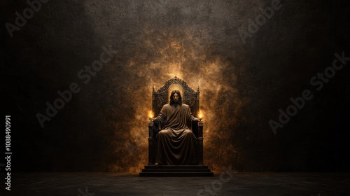 Majestic throne with figure seated, holding eternal light