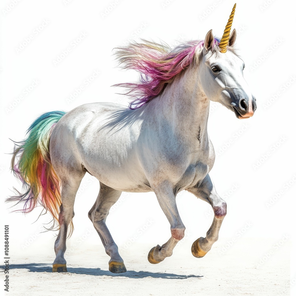White unicorn galloping with rainbow mane and tail.