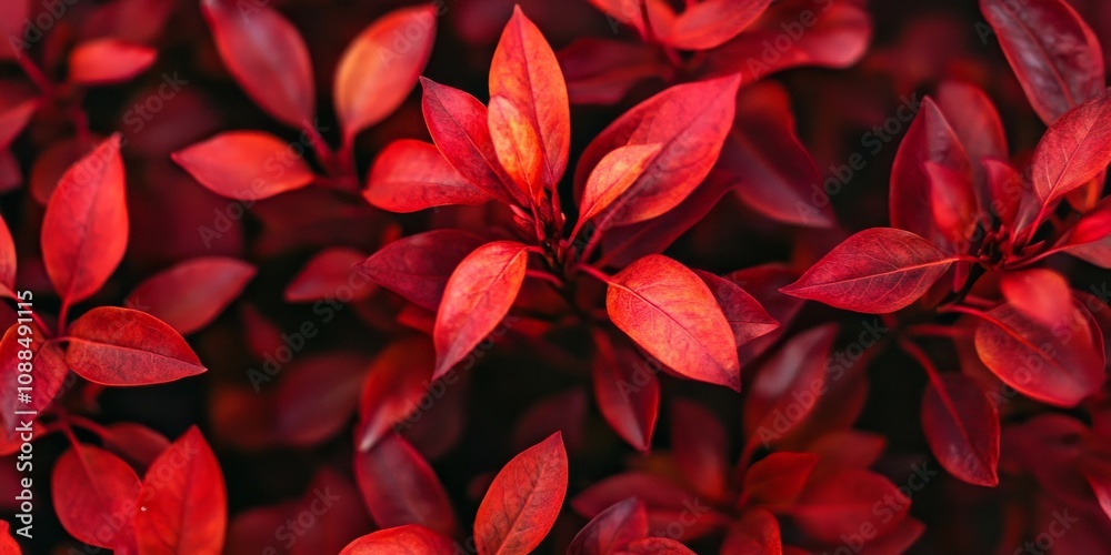 A close up view of vibrant red leaves emerging on a flame bush, showcasing the stunning transformation of foliage in nature as the red leaves capture the essence of autumn beauty. A close up view of vibrant red leaves emerging on a flame bush, showcasing the stunning transformation of foliage in nature as the red leaves capture the essence of autumn beauty.