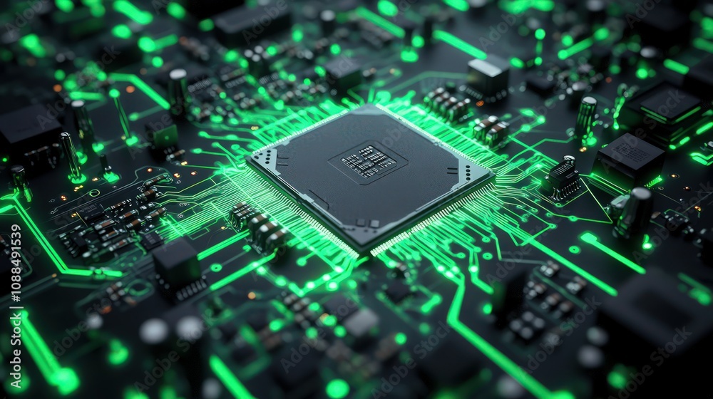 A close-up shot of a glowing electronic circuit board with neon green and dark silver elements, centered around a powerful microprocessor. A close-up shot of a glowing electronic circuit board with neon green and dark silver elements, centered around a powerful microprocessor.
