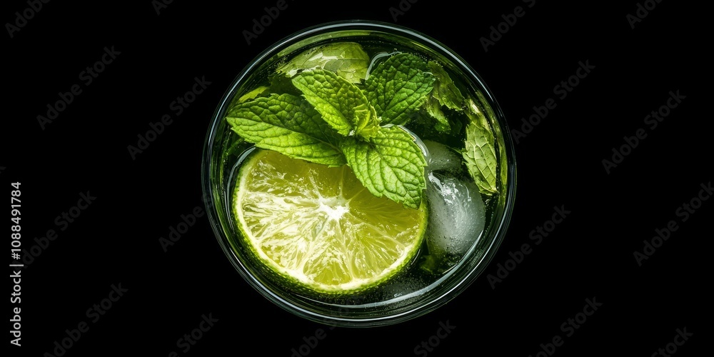 High angle view of a refreshing mojito in an old fashioned glass, featuring mint and a lime slice, beautifully isolated against a black background, capturing the essence of a classic mojito. High angle view of a refreshing mojito in an old fashioned glass, featuring mint and a lime slice, beautifully isolated against a black background, capturing the essence of a classic mojito.