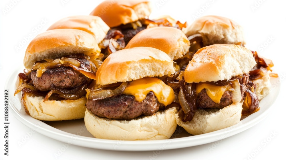 A plate of gourmet sliders with mini beef burgers, melted cheese, caramelized onions A plate of gourmet sliders with mini beef burgers, melted cheese, caramelized onions