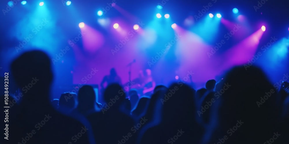 Musical concert in a vibrant nightlife setting, featuring professional blue and purple light projectors that illuminate the silhouettes of concert goers. This blurred photo captures the lively Musical concert in a vibrant nightlife setting, featuring professional blue and purple light projectors that illuminate the silhouettes of concert goers. This blurred photo captures the lively