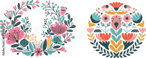 A vibrant and whimsical flat illustration of a circular bouquet of stylized flowers and leaves, arranged in a harmonious and balanced