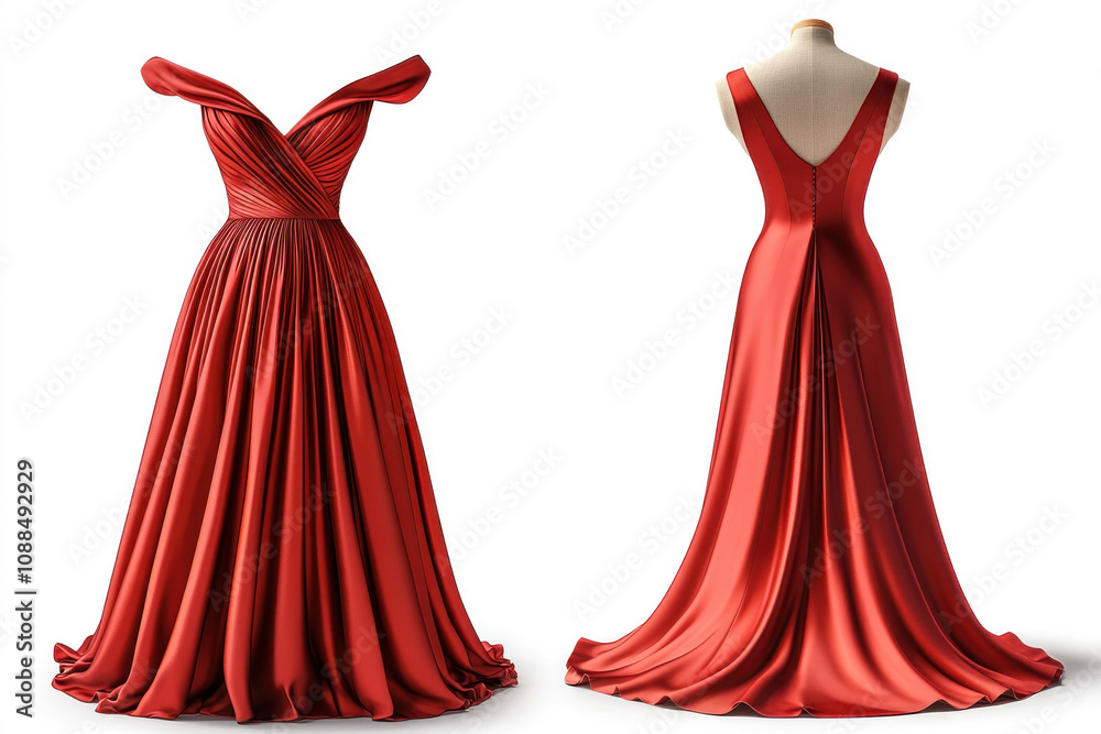 Obraz premium Red satin evening dress with intricate lace back detail displayed against a dimly lit background, exuding elegance and sophistication.