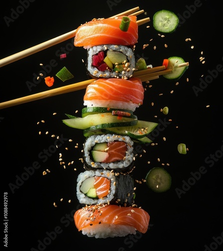 Artistic Arrangement of Fresh Sushi Rolls with Salmon, Cucumber, and Sesame Seeds on Dark Background with Asian Chopsticks