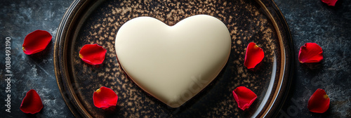 A heart-shaped cake in red and pink tones on a beautiful tray, free space on a background of lights. Getting ready for Valentine's Day