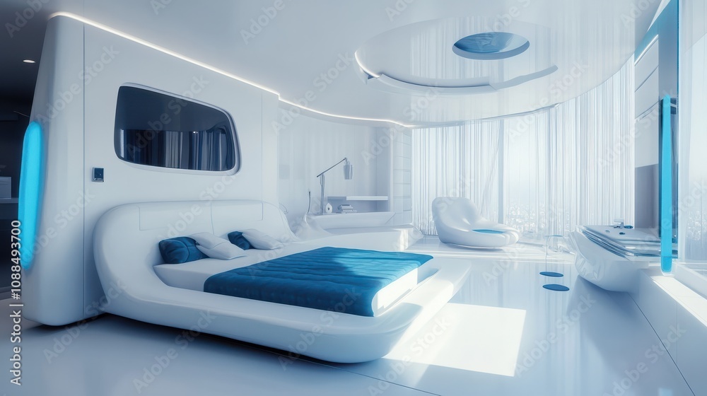 Stylish modern white room with blue details Stylish modern white room with blue details