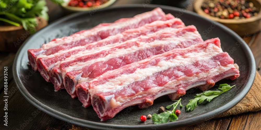 Raw pork ribs beautifully arranged on a plate, showcasing the enticing appeal of raw pork ribs ready for culinary preparation and enjoyment. These raw pork ribs promise a delightful dining experience. Raw pork ribs beautifully arranged on a plate, showcasing the enticing appeal of raw pork ribs ready for culinary preparation and enjoyment. These raw pork ribs promise a delightful dining experience.
